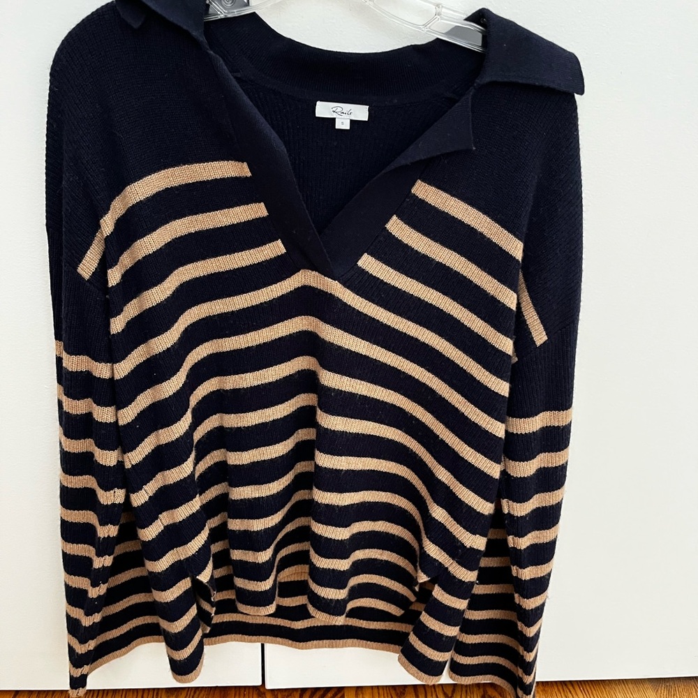 Rails Harris Navy and Camel Small Wool Striped V-Neck Sweater